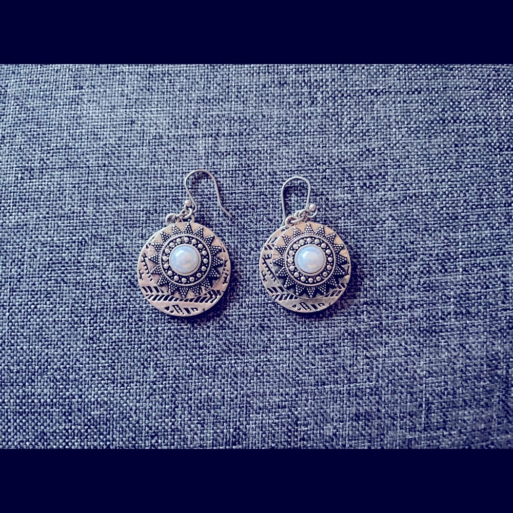 Pearl and engraved pendant drop earrings